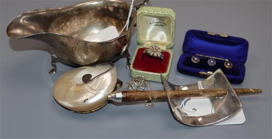 A silver sauceboat, a set of three pearl-set cased dress studs and various silver and shell jewellery